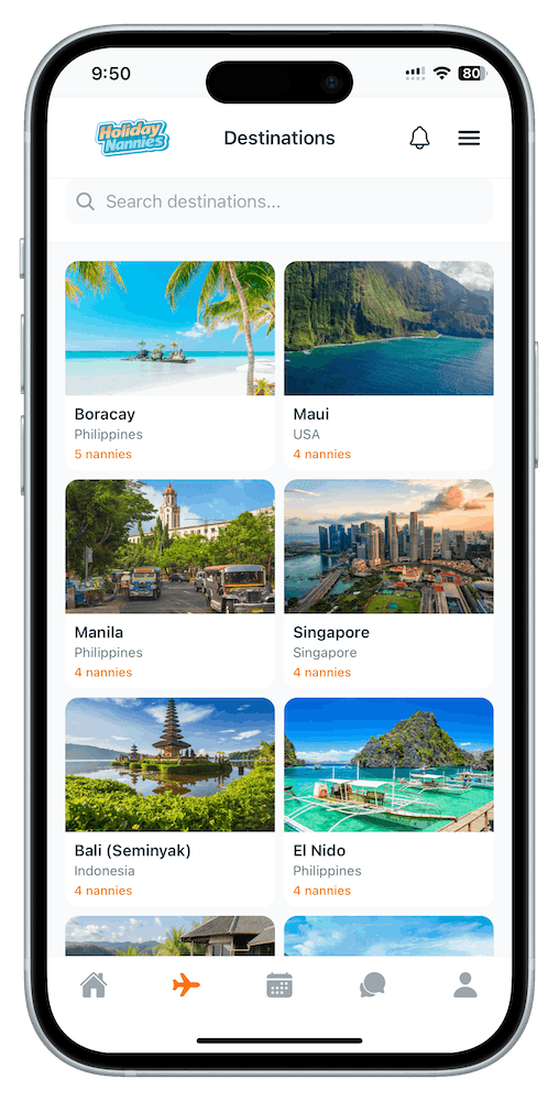 Holiday Nannies app destinations screen