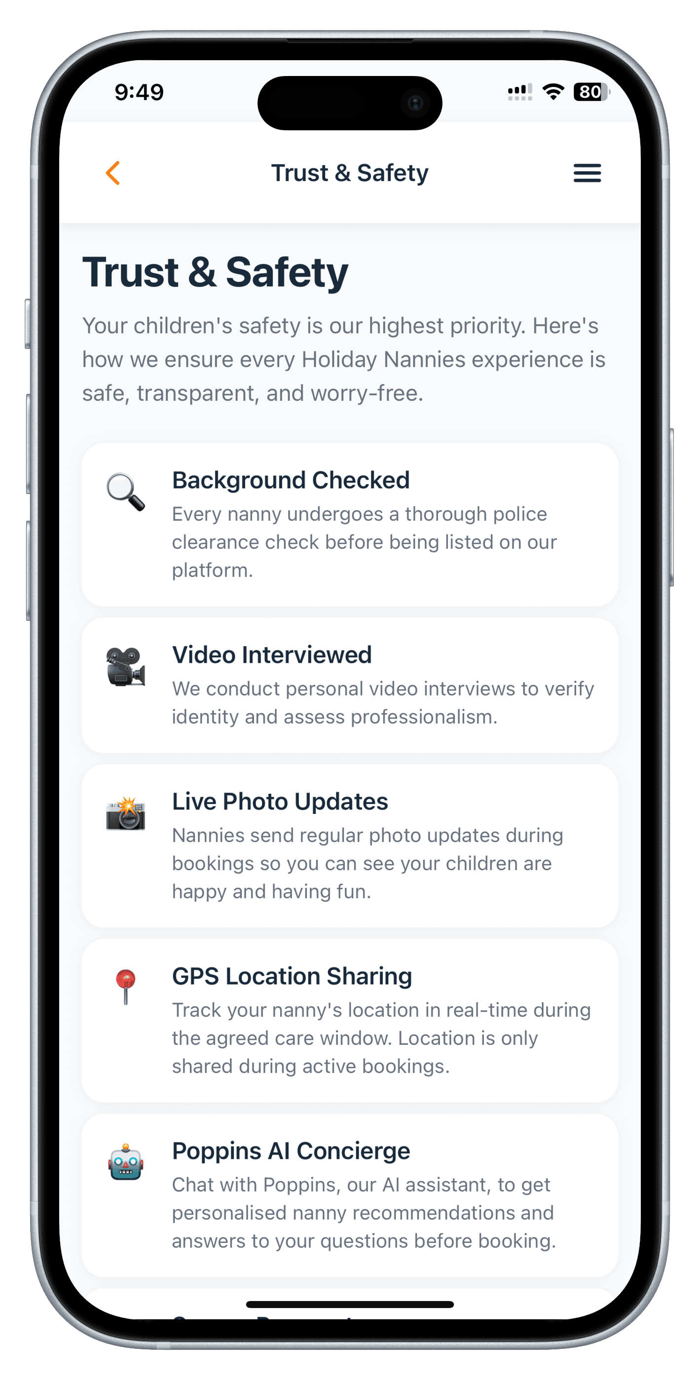 Holiday Nannies app trust and safety features