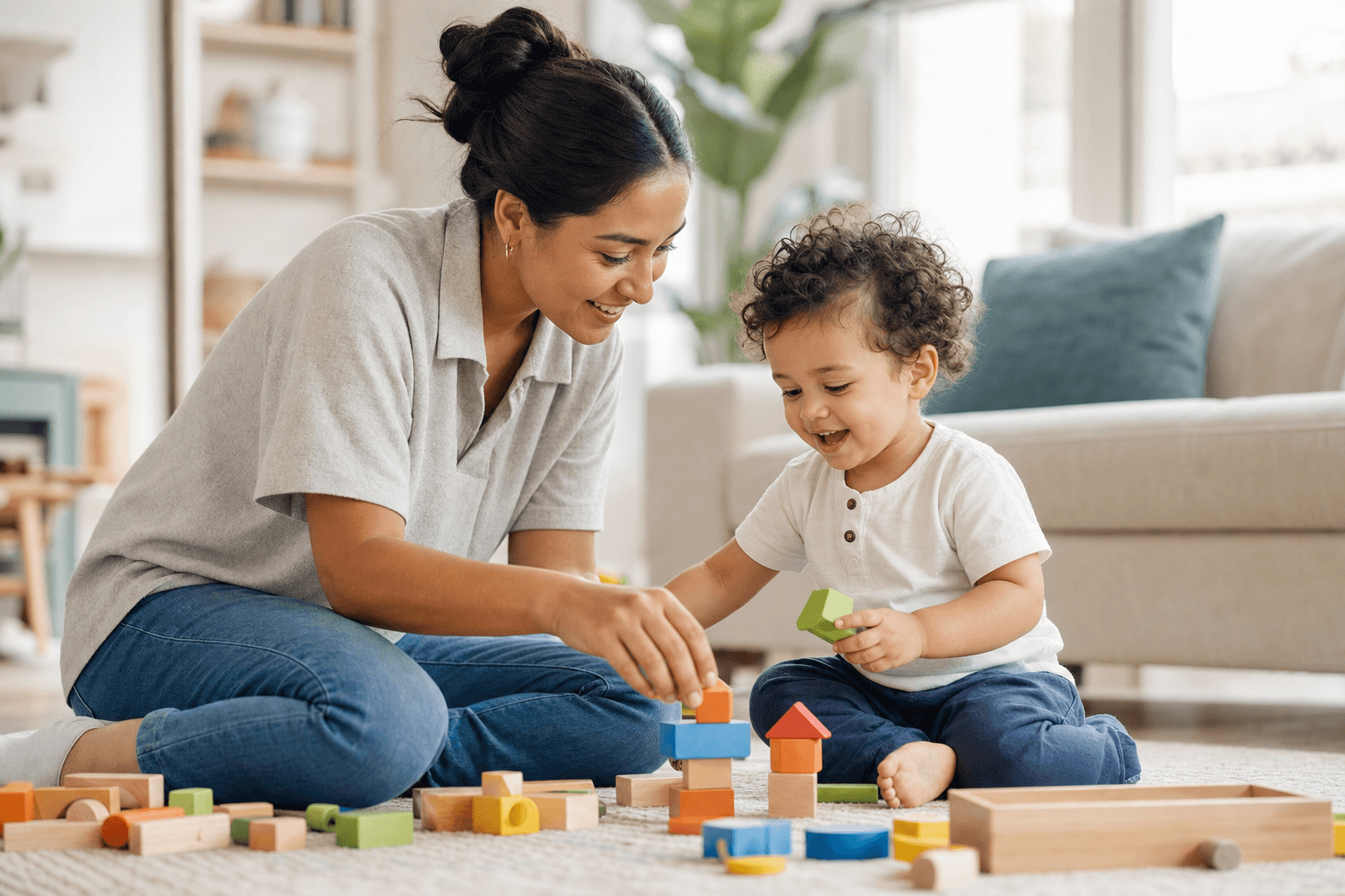 A nanny sitting on the floor playing with a toddler