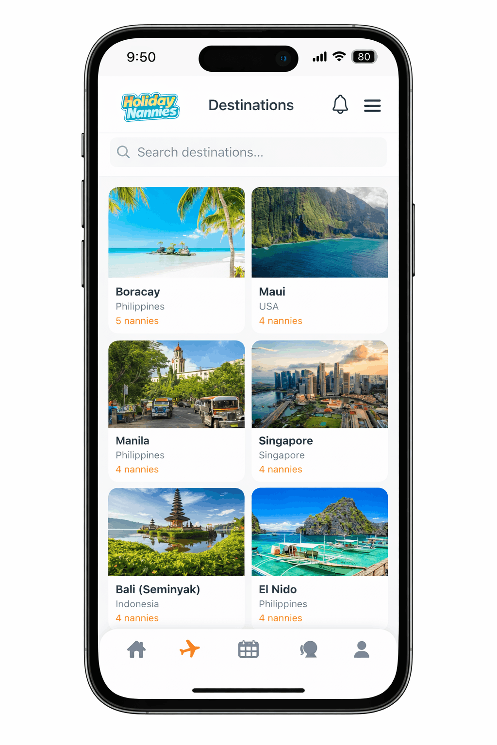Holiday Nannies app destinations screen