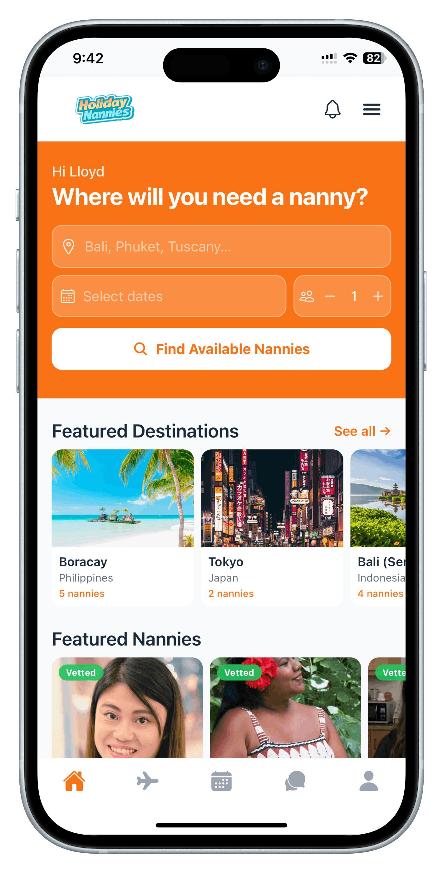 Holiday Nannies app home screen